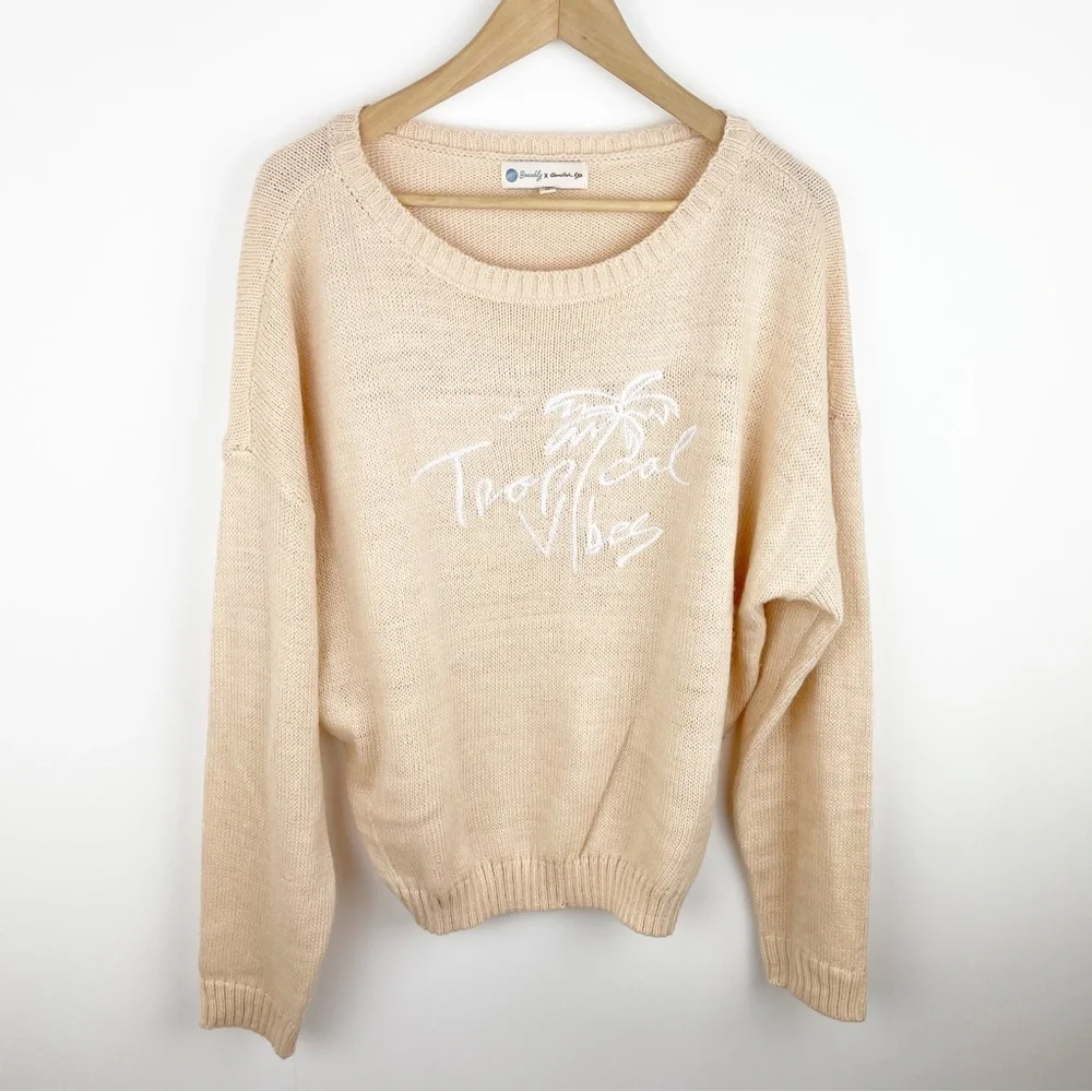 Beachy x Goldfish Embroidered Tropical Vibes Ribbed Knit Sweater Size Medium